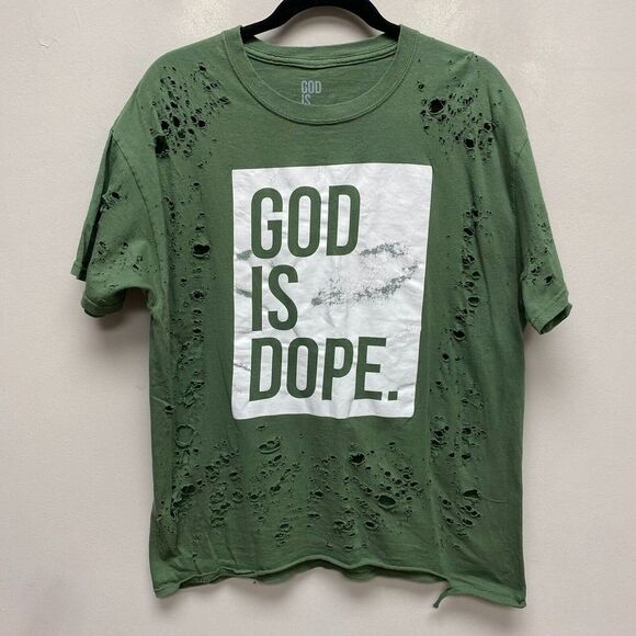 Other - God Is Dope Unisex Green Short Sleeve Crew Neck Graphic Distressed T-Shirt‎ L
